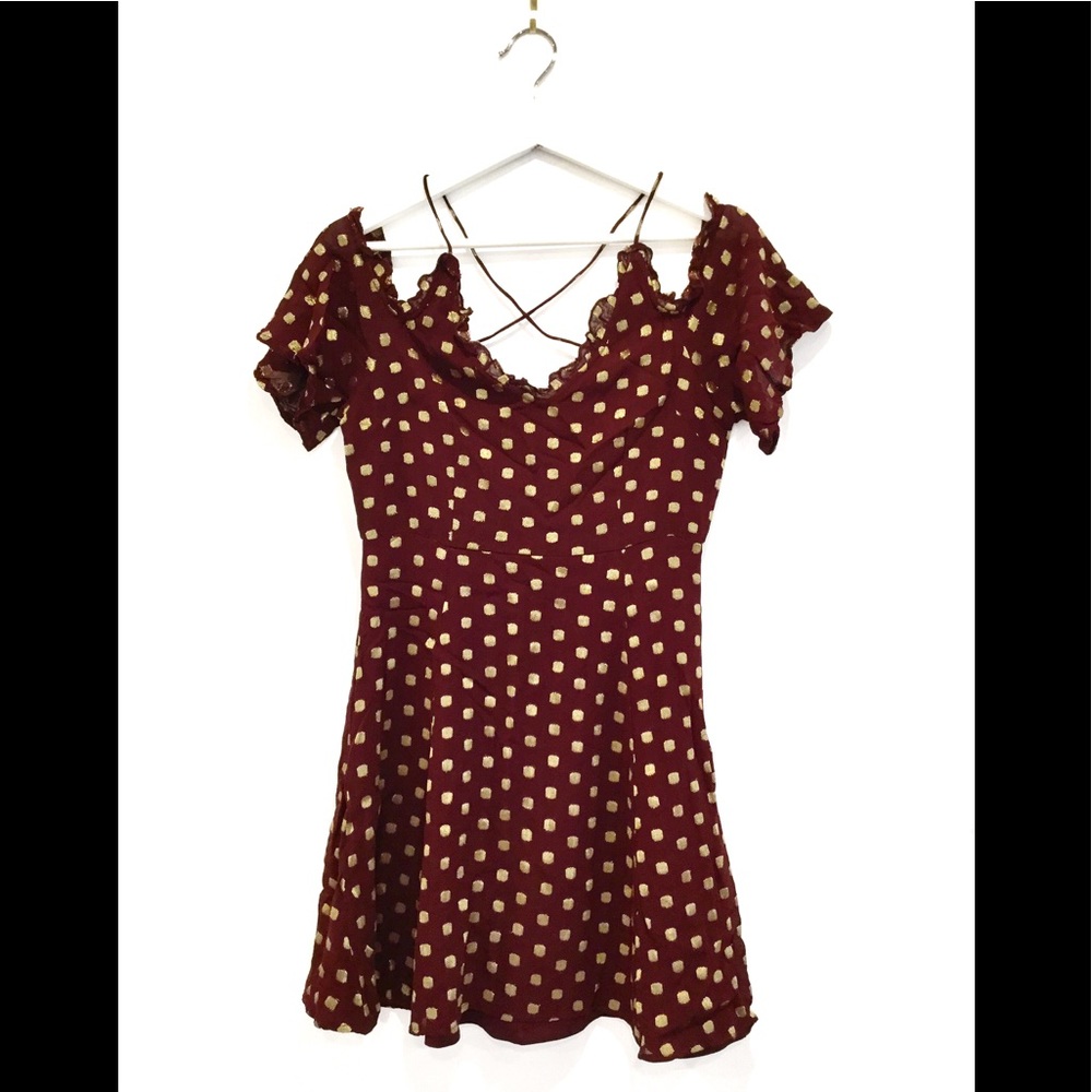 NWOT Topshop Off Shoulder Burgundy Gold Polka Dot Glam Mini Dress Sz 6 - Picture 3 of 8